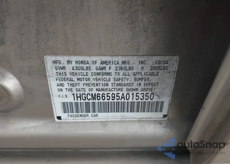 2005 Honda Accord 3.0 Ex from USA, damaged, VIN 1HGCM66595A015350